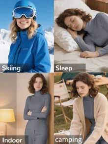 1 Set Women Grey Turtleneck Thermal Underwear Set, Fashionable Design, Slim Fit, Warm & Comfortable, Elastic, Autumn/Winter Gift