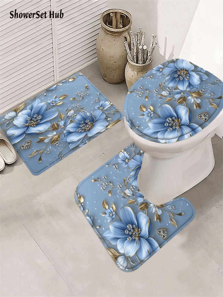 1/3/4pcs Blue Floral & Diamond Gold Accent Shower Curtain Bathroom Set, Luxury Elegant Waterproof And Wear-Resistant Bathroom Decor And Accessories,With 12 Hooks - Includes Toilet Seat Cover, Bath Mats, And Rugs Polyester Fabric - Washable - Perfect For Holiday Decor,Home/Bedroom/House/Western/Spring Decor - Multicolor - View 6