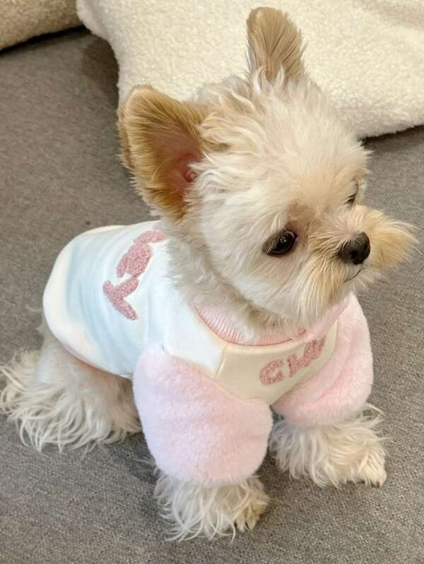 LANGXINGCS 1pc Winter Warm Pet Clothes, Cute Letter Plush Sleeve Adorable Dog Clothes, Two-Color Fleece Jacket, Warm Cat Top Suitable For Small To Medium Cats And Dogs