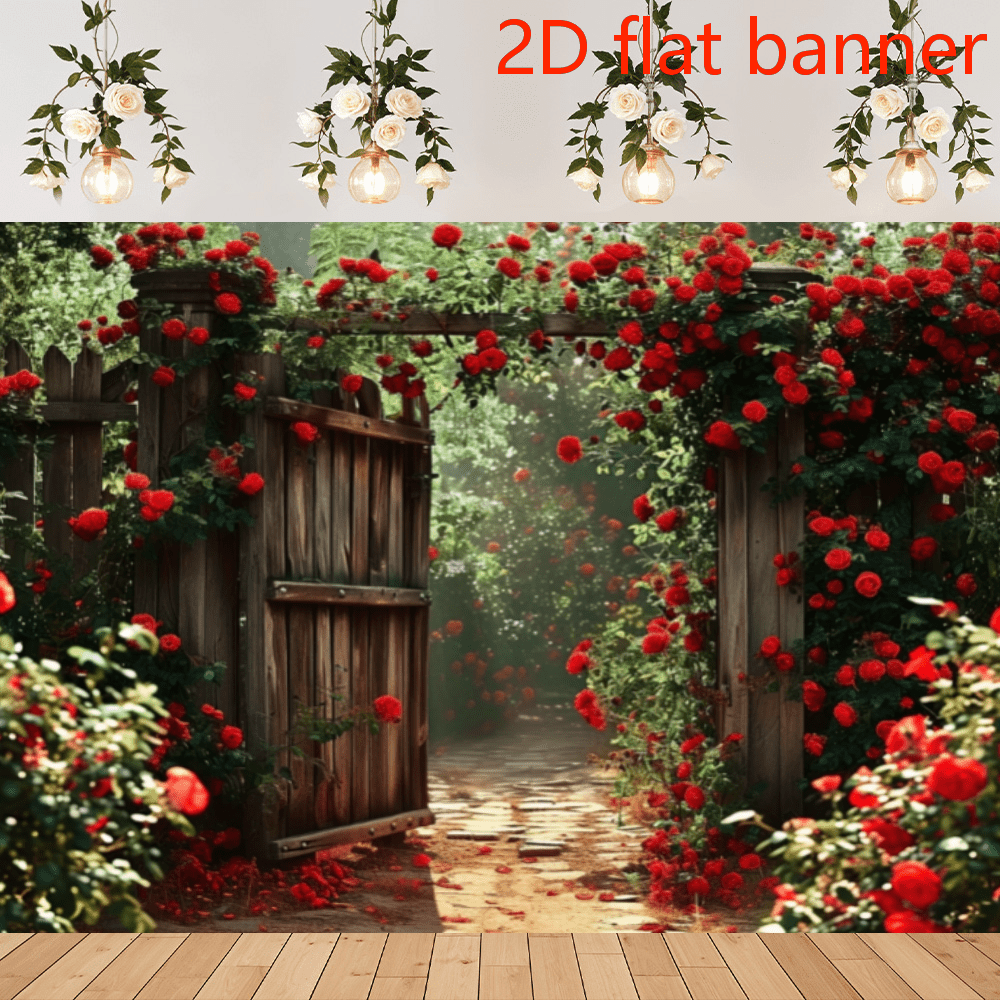 1 Peça Banner Plano 2D, Cenário de Fotografia de Rosas Vermelhas de Primavera no Jardim, Cerca de Madeira do Quintal, Flores, Casamento, Retrato, Dia dos Namorados, Bottom para Foto
