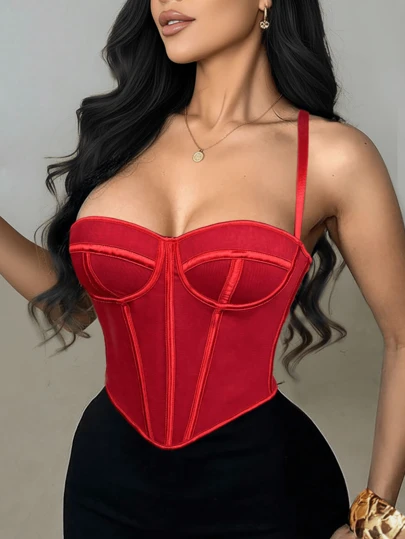 Apperloth A Top corset rojo sexy estilo Y2K, con ballenas de acero, adecuado para uso al aire libre, diseño de espalda descubierta con encaje calado y cordones, tirantes ajustables, top recortado moldeador, adecuado para fiestas rave, festivales, Halloween, Navidad