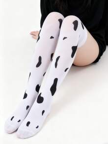 1 Pair - Women's Thigh High Socks, Cow & Sheep Print, Cosplay Stockings, Cute Cow Spot Print Pantyhose, Sexy Cow Spotted Over-The-Knee Socks, Animal Series Thigh High Socks - White - View 7
