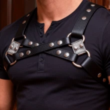 Punk Leather Tactical Shoulder Straps, Adjustable Sexy Harness Straps For Men, Bondage Tight-Fitting Criss-Cross Studded Suspenders, Suitable For Thanksgiving, Valentine's Day, Christmas Costume Play Props, Multi-Scene Applicable - Black and Red - View 4