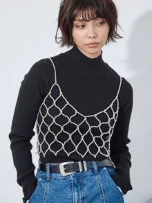 DEKUNER 1件新款法式珍珠吊带背心，韩版夏季串珠露肩可爱甜美女装 - 150銀色 - 查看 2