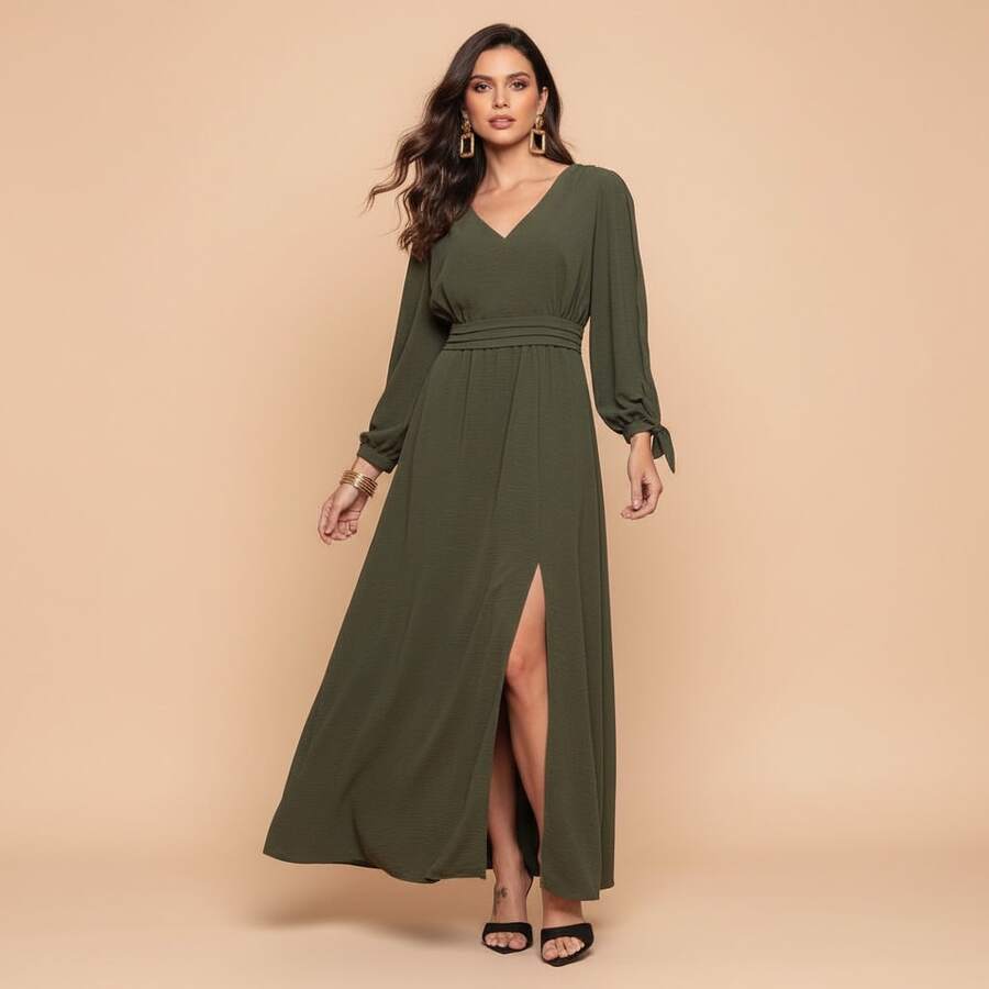 FASHION MIX PREMIUM Elegant Long Dress With Slit Long Sleeves With Tie With V-Neckline And Waist Adjustment Plus Size Women's Fits 38 To 44 - 軍綠色 - 查看 1