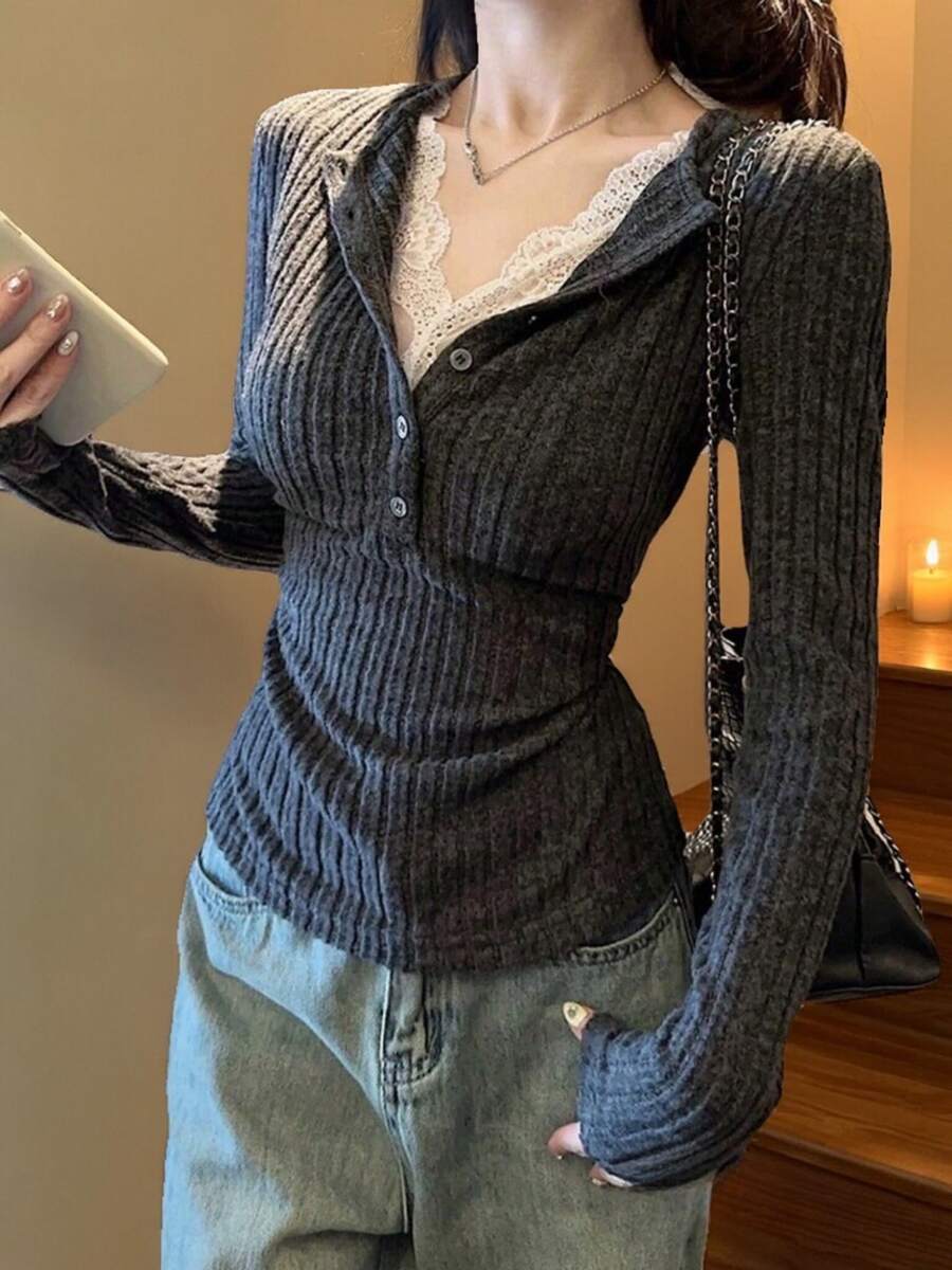 纽扣细节休闲蕾丝荷叶边二合一磨毛T恤上衣