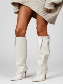 Women's Pointed Toe Pull-On Knee-High Boots  Wide-Leg Slim High Heel Faux Cover Boots Comfortable Dress Boots For Fall Winter, Casual & Dressy Outfits - 白色 - 查看 4