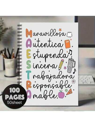 Cuaderno espiral de profesor de español | Diseño inspirador de citas con iconos educativos coloridos | Planificador universitario bilingüe con garabatos | Regalo de aprecio al maestro y tema mexicano | Papelería para ceremonia de enseñanza enérgica