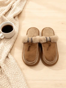 Pantuflas de mujer de ante sintético - Zapatos de casa forrados de piel esponjosa con borla decorativa y pespunte de contraste, calzado cálido y cómodo para interiores/exteriores (3 colores: marrón/negro/beige) - Camel - Ver 5