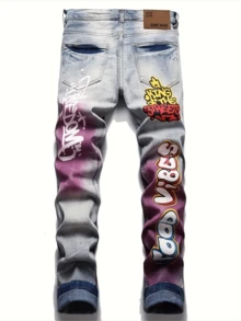 Graffiti Street Art Style, Colorful Mixed Print Design, Mid-Rise Slim Fit Straight Leg, Machine Washable For All Seasons, Classic Five-Pocket Style, Essential Men'S  Ripped Jeans Pants For Hip Hop Y2K Party Outfits, Hip Hop Y2K Clothing - Blue - View 2