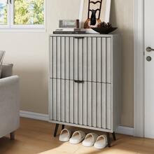 A Concealed Shoe Cabinet 60 Cm High, With A Grey Grooved Design And 2 Drop-Down Drawers, Which Can Be Used As A Freestanding Shoe Cabinet For Entrances, Hallways, Living Rooms And Dressing Rooms. - Grey - View 5