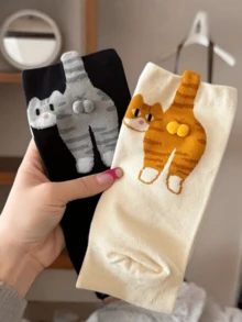 5 Pairs Women's Cartoon Cat Ding Dong Mid-Calf Socks - Funny & Cute Japanese Style Unisex Socks, Suitable For All Seasons Home, Leisure, Sports, Comfortable & Versatile Design, Perfect Gift (Due To Different Lighting, The Eye Color May Look Different, Please Refer To The 6th And 7th Photos For The Actual Product)