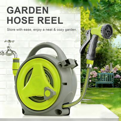 SAEIV Extendable Garden Hose Reel, Practical 13m Portable Hose, With 6-Function Spray Nozzle, Suitable For Various Uses Including Watering, Car Washing And Cleaning (Green)
