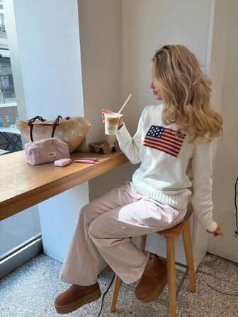 休闲宽松圆领图案设计纯色罗纹口袋套头衫，舒适女式长袖针织上衣，适合春夏季，百搭