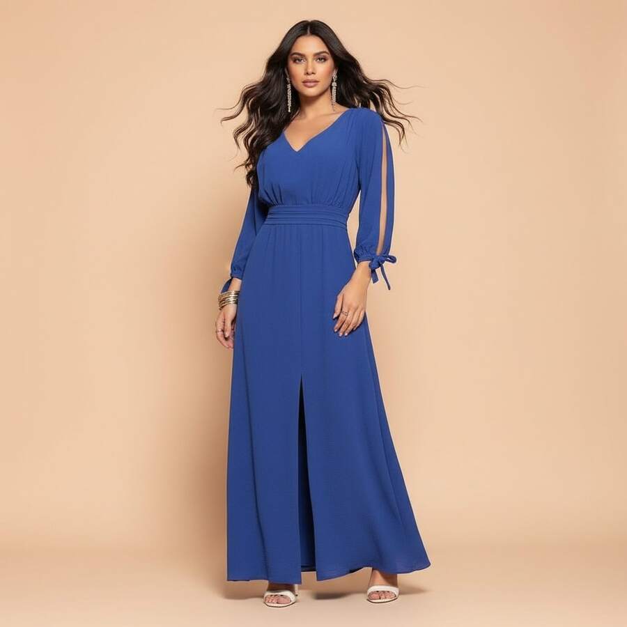 FASHION MIX PREMIUM Elegant Long Dress With Slit Long Sleeves With Tie With V-Neckline And Waist Adjustment Plus Size Women's Fits 38 To 44 - 寶藍色 - 查看 1