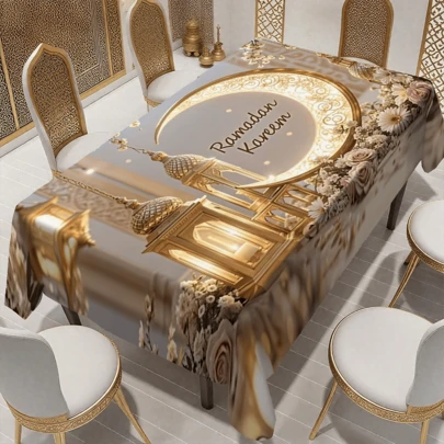 1 pezzo Tovaglia per festa islamica, tovaglia in poliestere con motivo a luna e fiori, adatta per feste, banchetti, picnic, decorazione, tappetino da tavolo morbido, lavabile in lavatrice