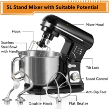 Stand Mixer, With Double Dough Hook, Wire Whip & Beater, 6+ P Speed Tilt-Head Food Mixer, Pouring Shield For Home Cooking, 550W, RED - 查看 5