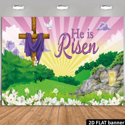 2D Large "He Is Risen" Easter Banner, Polyester Outdoor Cross & Lily Floral Design, Vibrant Pink Sunrise Background, Multipurpose Wall Decor For Home, Office, Outdoor, Studio, Party, Holiday Gift, Polyester Material, No Power Required