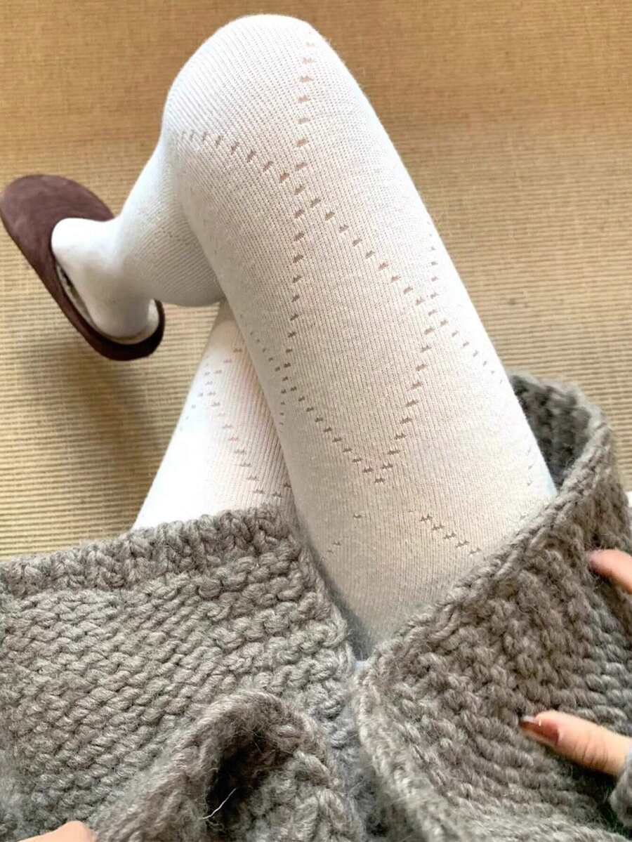1pc Women's Warm Over-The-Knee Socks, Versatile White Leggings, Japanese JK Diamond Mesh Thickened Knee-High Socks, Suitable For Autumn/Winter - White - View 1