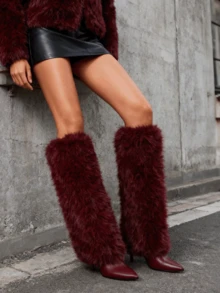 Women's Fuzzy Knee High Christmas Boots Sexy Fashion Faux Fur Side Zipper Boots Pointed Toe Stiletto Heel Casual Versatile Boots Winter Outfit For Women New Year Party Fashionable For Halloween Date Night - 酒紅色 - 查看 1