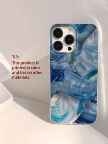 蓝色手机壳波浪涟漪 1 件抽象蓝绿色彩绘堆叠图案透明防指纹柔软光泽光滑手机壳，防水防刮 - 彩色 - 查看 1