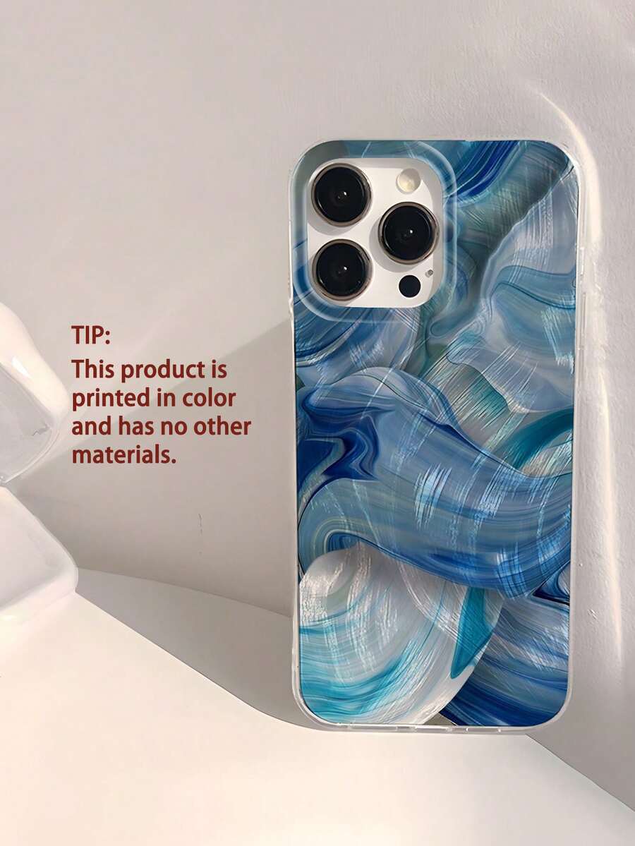 蓝色手机壳波浪涟漪 1 件抽象蓝绿色彩绘堆叠图案透明防指纹柔软光泽光滑手机壳，防水防刮 - 彩色 - 查看 1