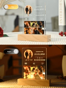 1pc Custom Couple Collage Photo Led Night Light, Personalized Acrylic Night Light With Photo & Text, Custom Photo Lamp, Personalized Photo Collage LED Light, Couple Picture Frame, Personalized Photo Collage Gift For Mother's Day, For Birthdays, For Children's Day, For Father's Day, For Graduation, For Weddings, For Housewarming Living Room, Bedroom, Office, Tea Room, Home, Bathroom, Dining Room, Valentine Day, Valentine Day Decor - Small Rectangular Stand-up - Black Circular Frame Music - View 5