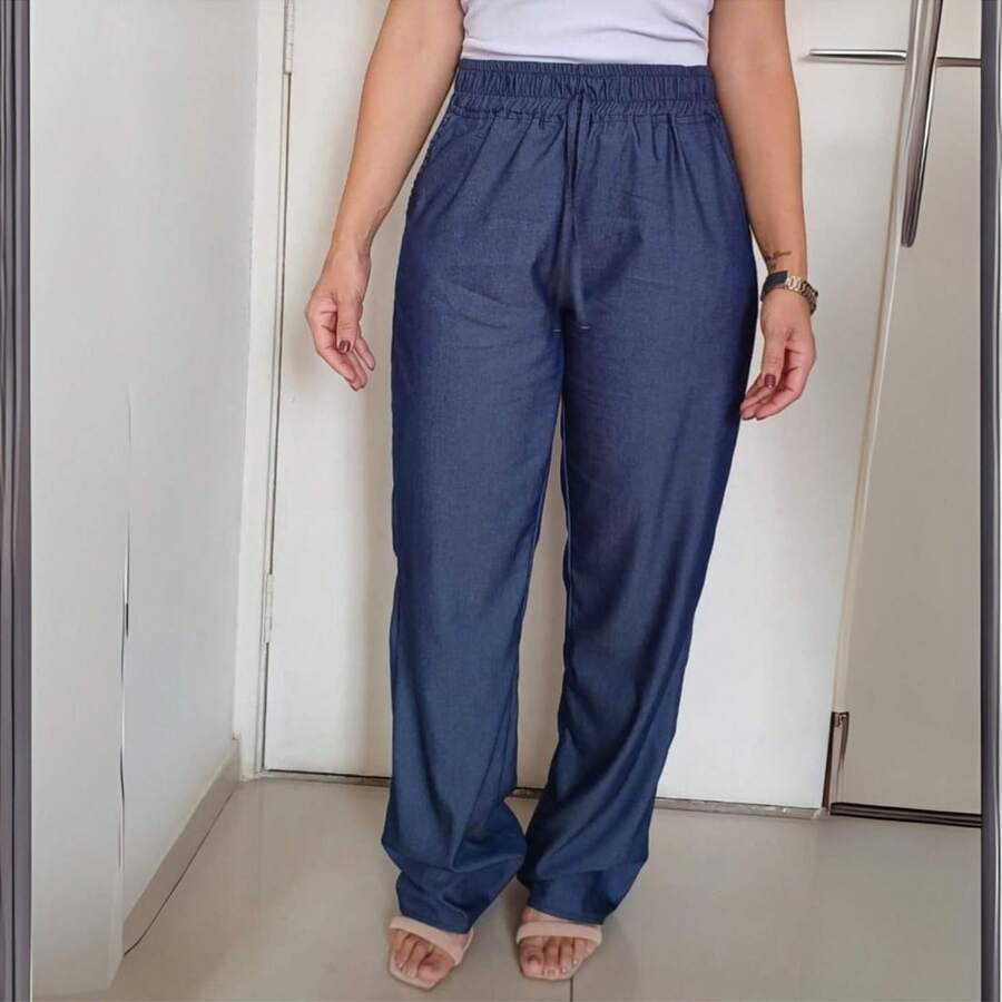 Women's Straight Leg Pants With Front Tie – Chambray Fabric, Simple Pocket - Màu xanh lam - Xem 1
