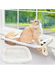 سرير النافذة الكبير للقطط - خشبي وحديدي - تصميم قوي وسهل الضبط وموفر للمساحة للقطط الداخلية - تركيب آمن في أي مكان