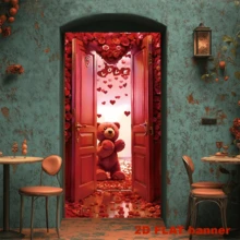 2D Flat Banner 1pc, Red Valentine Bear Room Door Rose Banner, Polyester Door Cover, Room Decoration, Party Hanging Banner, Holiday Decoration, Party Supplies, Interior Decoration. - 1 - View 4