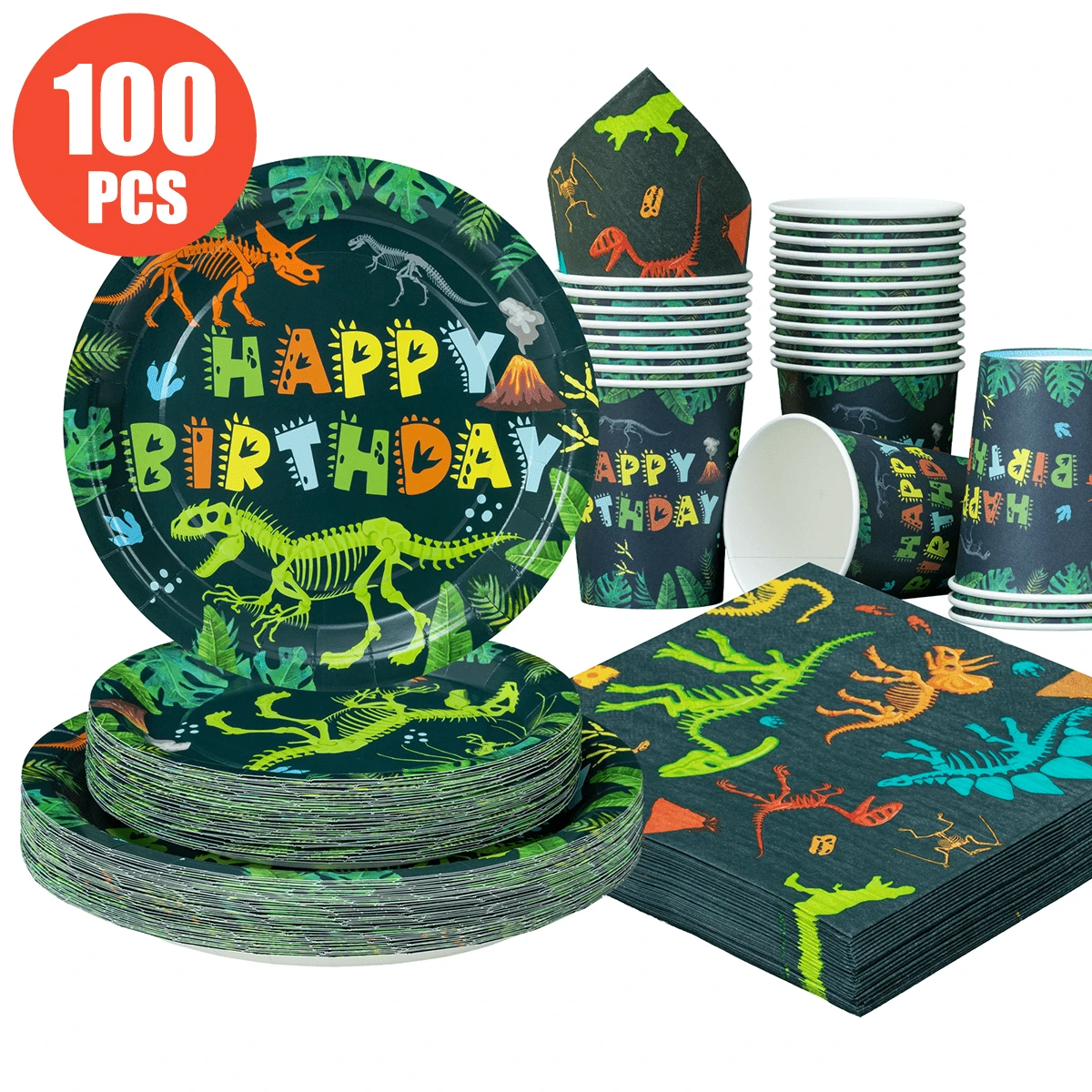 100/25/10入恐龍化石生日快樂一次性餐盤餐巾紙杯組,恐龍主題餐盤餐巾紙杯派對用品,適合25人使用,一次性紙盤派對餐具,適用於生日、婚禮派對、家庭野餐 - 彩色 - 查看 1