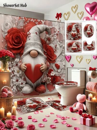 Valentine's Day Decorations1/3/4pcs Gnome Rose Heart Shower Curtain Bathroom Sets, Romantic Holiday Waterproof And Wear-Resistant Accessories,With 12 Hooks - Includes Toilet Seat Cover, Bath Mats, And Rugs - Plastic Fabric - Washable,Mildew-Resistant - Perfect For Holiday Decor,Home/Bedroom/House/Western/Spring Decor,