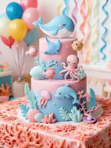 1件海洋主题蛋糕装饰摆件，海洋世界主题装饰，包含章鱼、刺豚、鲨鱼、鲸鱼、海藻、螃蟹、珊瑚等装饰配件，适用于婴儿派对和生日蛋糕装饰。非玩具。仅限派对使用。 - 彩色 - 查看 8
