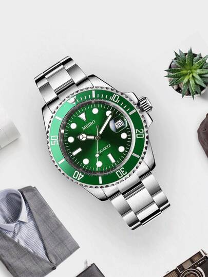 1件装水鬼设计男士腕表，时尚钢表带石英表