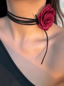 1pc Women's Romantic Gothic Style Fabric Rose Flower Choker Necklace, Adjustable Cord Necklace, Y2K Fashion Accessory - Burgundy - View 3