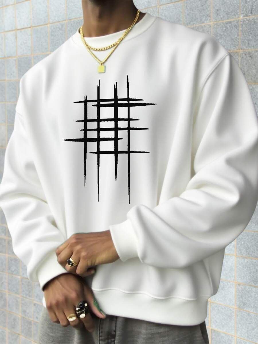 Zrgoth 男士抽象线条图案印花圆领卫衣，秋冬街头风 - 白色 - 查看 1