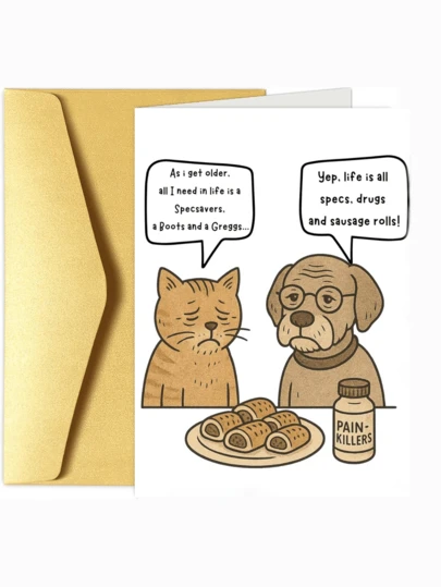 1 unidade de cartão de aniversário engraçado, com design inovador, cartão e envelope reforçados - Envelhecendo de óculos e Greggs: o ritmo de vida britânico, cartões com gatos e cachorros - design em cor sólida, presentes divertidos para amigos, irmãs, irmãos, colegas, Dia dos Namorados e amigos.