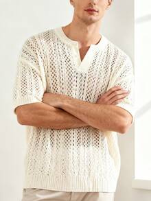 Men's Transparent Knit Henley Neck Short Sleeve Loose Sweater - White - View 3