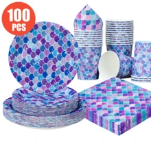 Iridescent Fish Scale Disposable Plates, Napkins, Cups, Party Supplies For 25 Guests, Disposable Paper Plates For Birthday, Wedding, Party, Family Picnic - Multicolor - View 1