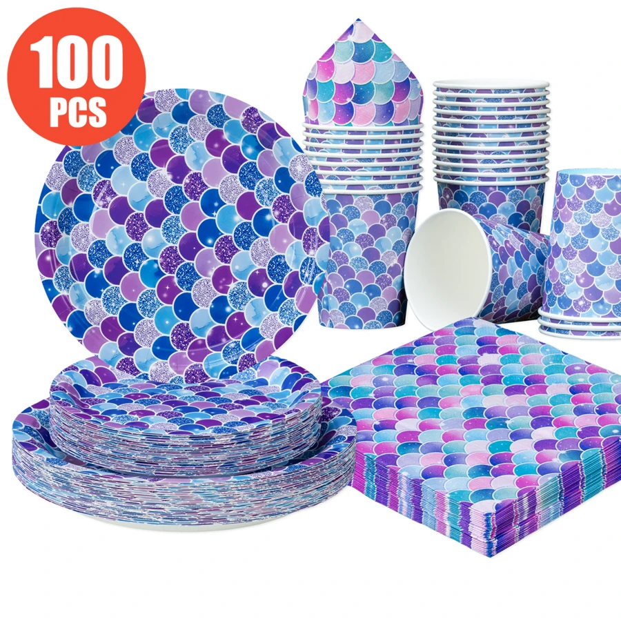 Iridescent Fish Scale Disposable Plates, Napkins, Cups, Party Supplies For 25 Guests, Disposable Paper Plates For Birthday, Wedding, Party, Family Picnic - Multicolor - View 1