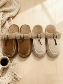 Pantuflas de mujer de ante sintético - Zapatos de casa forrados de piel esponjosa con borla decorativa y pespunte de contraste, calzado cálido y cómodo para interiores/exteriores (3 colores: marrón/negro/beige) - Camel - Ver 4