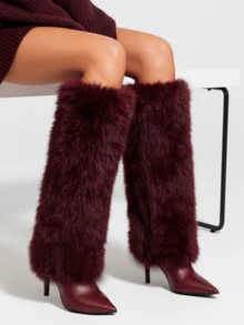 Women's Fuzzy Knee High Christmas Boots Sexy Fashion Faux Fur Side Zipper Boots Pointed Toe Stiletto Heel Casual Versatile Boots Winter Outfit For Women New Year Party Fashionable For Halloween Date Night - 酒紅色 - 查看 5