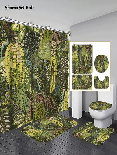 1/3/4件套热带植物图案浴帘浴室套装，绿色植物防水耐磨配件，带12个挂钩 - 包括马桶座套、浴垫和地毯 - 塑料面料 - 可水洗，防霉 - 非常适合节日装饰、家居/卧室/住宅/西式/春季装饰