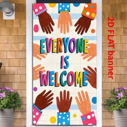 One 2D Flat "Welcome Everyone" Party Banner, A Multicultural Light Beige Hand-Designed Polyester Door Decoration Suitable For Indoor And Outdoor Events, All Seasons, Holidays, Birthdays And Anniversaries, No Electricity Required