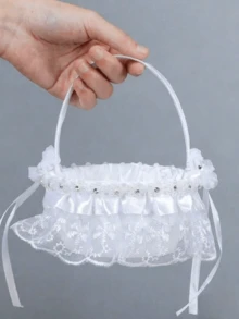 1个优雅白色蕾丝婚礼花篮，带蝴蝶结 - 便携式仪式装饰、新娘礼物、派对用品、手工饰品、婚礼配饰，非常适合婚礼季、情人节婚礼花篮