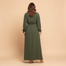 FASHION MIX PREMIUM Elegant Long Dress With Slit Long Sleeves With Tie With V-Neckline And Waist Adjustment Plus Size Women's Fits 38 To 44 - 軍綠色 - 查看 2