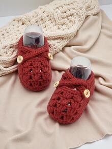 1 Pair Handmade Crochet Infant Shoes, Light Purple Color With Button Decor, Infant Size - Burgundy - View 3