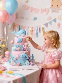 1件海洋主题蛋糕装饰摆件，海洋世界主题装饰，包含章鱼、刺豚、鲨鱼、鲸鱼、海藻、螃蟹、珊瑚等装饰配件，适用于婴儿派对和生日蛋糕装饰。非玩具。仅限派对使用。 - 彩色 - 查看 6