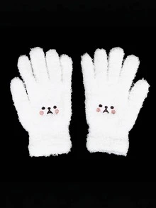 1双 时尚冬季毛绒五指手套，女士保暖防寒手套，户外骑行刺绣可爱户外骑行手套/连指手套