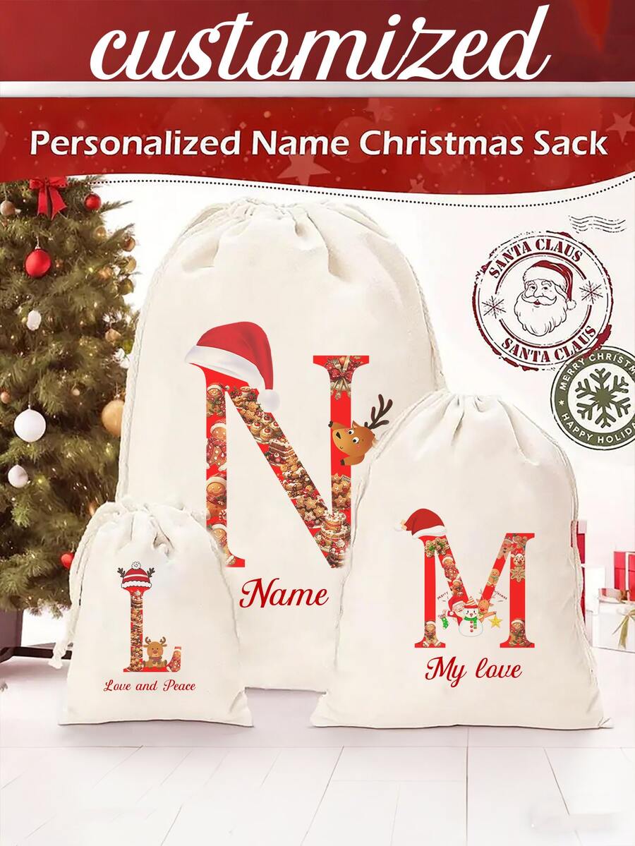 1 Piece. Customizable Gingerbread Santa Canvas Bag With Initials - Large Capacity, Lightweight Christmas Gift Bag With Drawstring And Rope Handle - Perfect For Parties And Holiday Decorations, Christmas Ornaments, Travel Essentials, Christmas Gifts, Christmas, Valentine's Day. - Beige - View 1